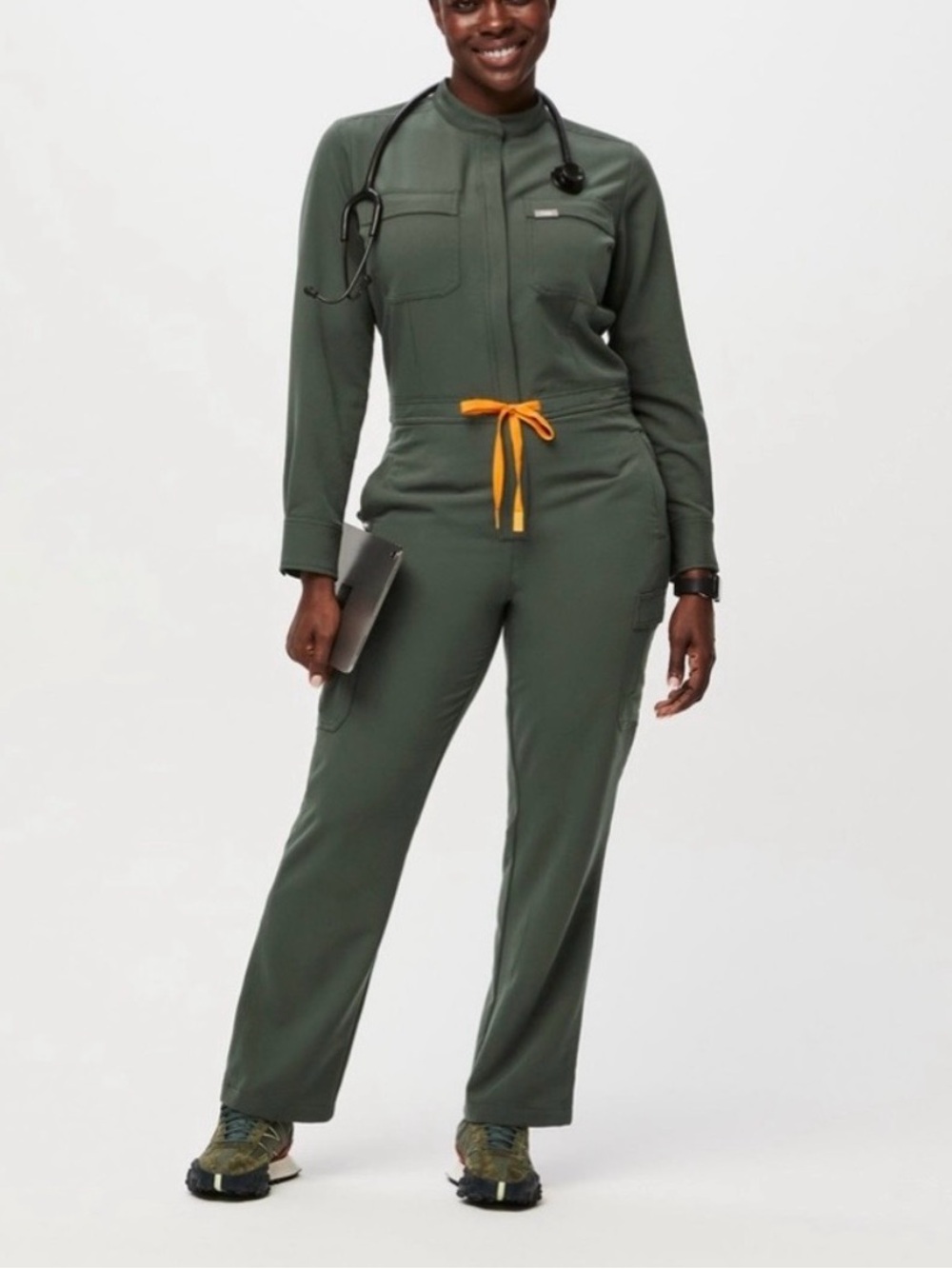 FIGS Women’s XL Long Sleeve Scrub Jumpsuit Olive Green Cargo Medical Uniform